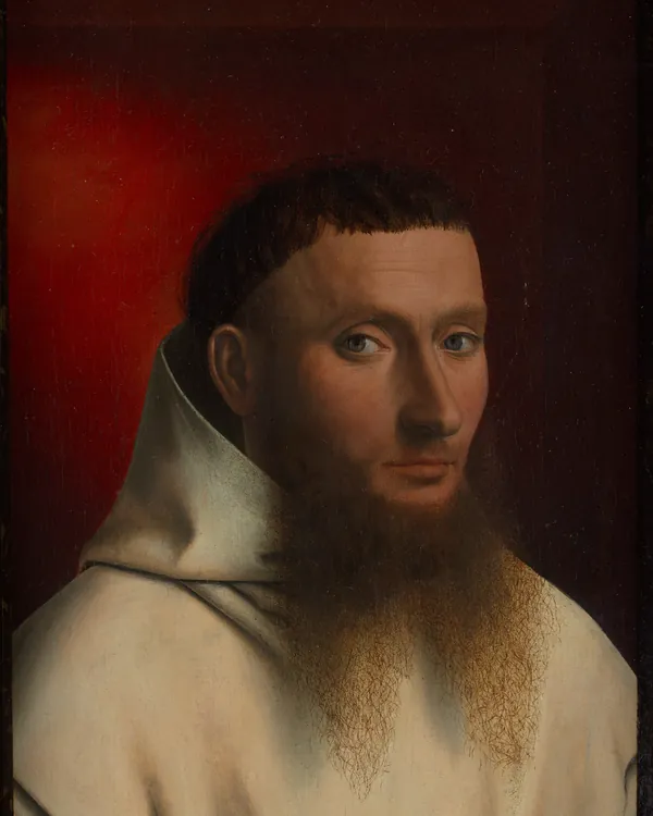 Pintura. Um monge cartuxo de barba ruiva e hábito branco olha para quem o vê, sobre um fundo vermelho.
