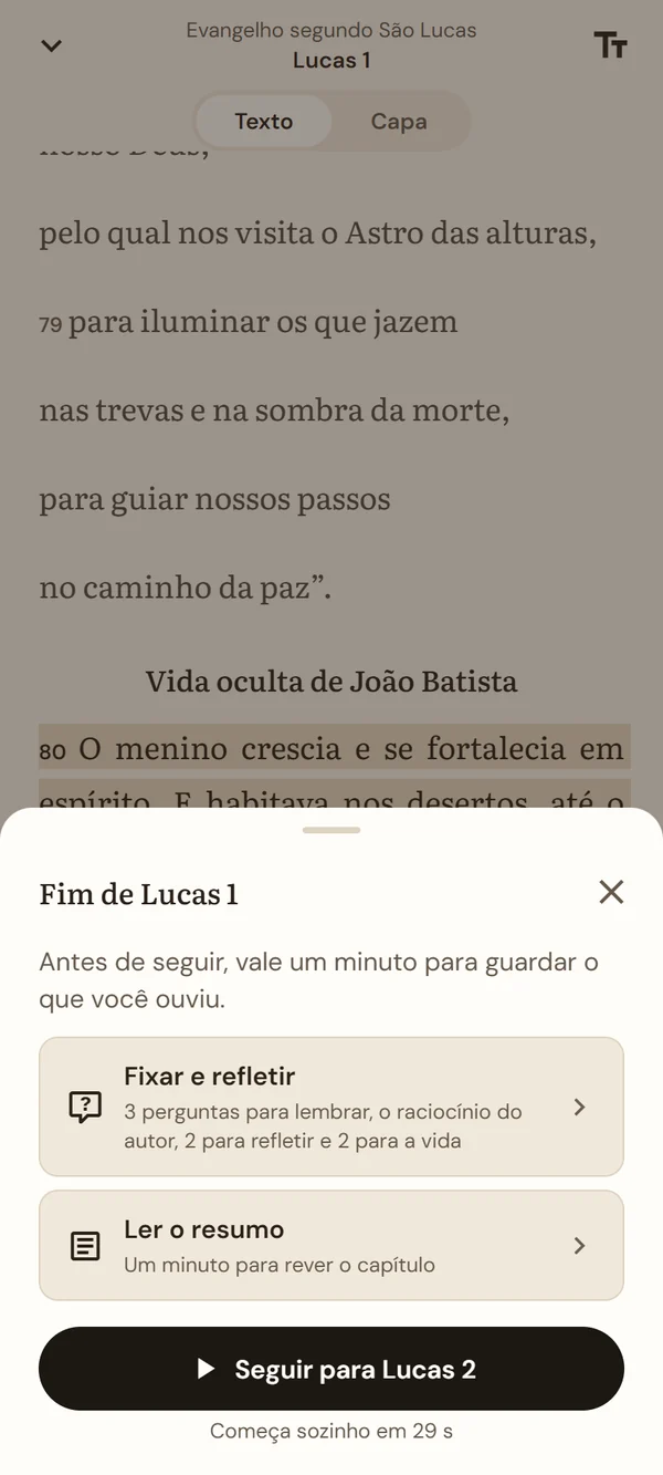 O fim de Lucas 1 no app, que oferece fixar e refletir, ler o resumo ou seguir para Lucas 2